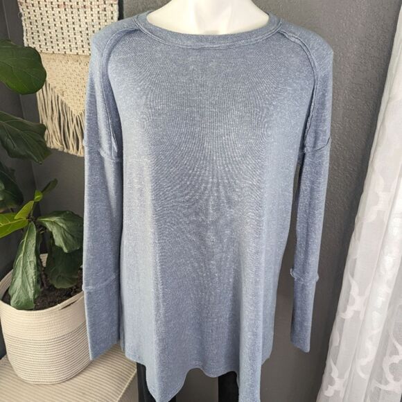 Easel Oversized Washed Cotton Blue Long Sleeve Tunic Top - Picture 3 of 8
